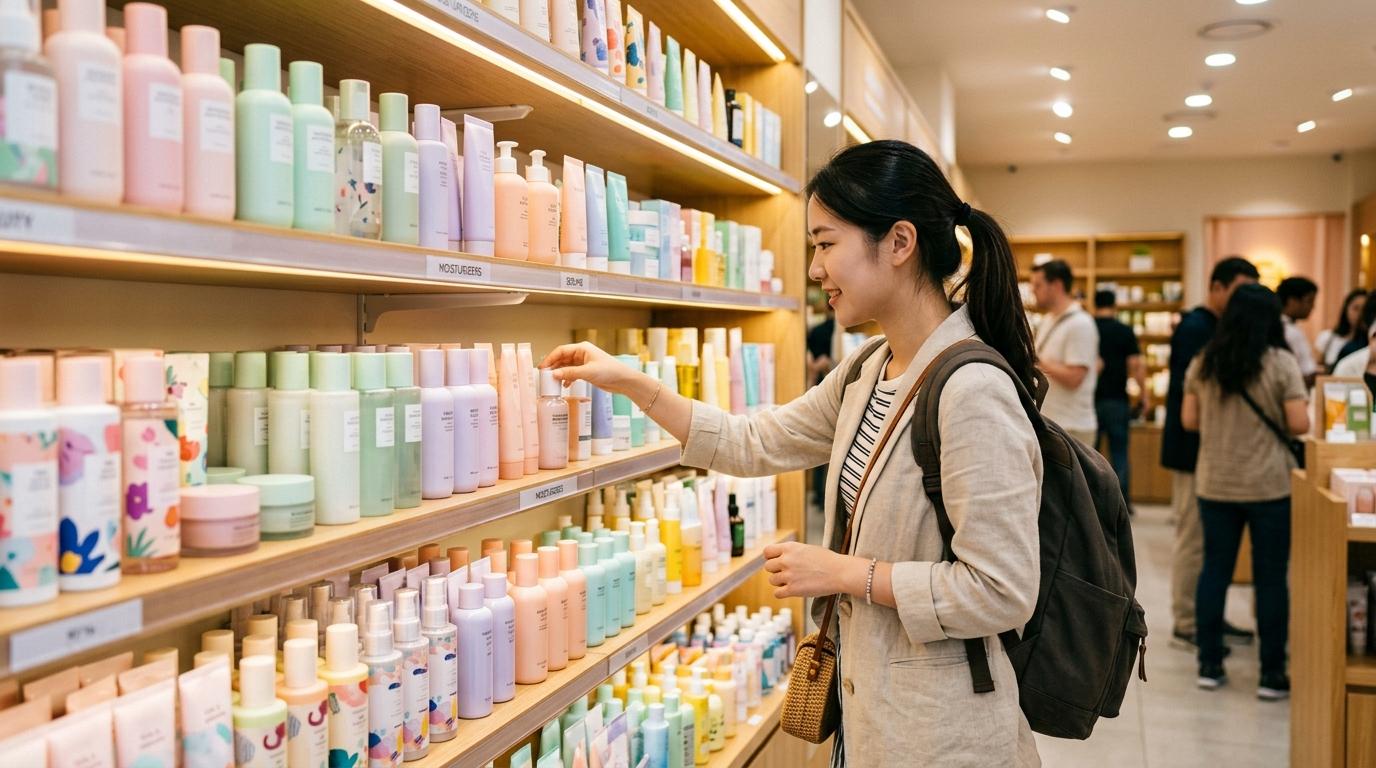 bright vibrant photorealistic Korean beauty store shelf with neatly arranged pastel skincare bottles, soft lighting, international traveler browsing, no readabl