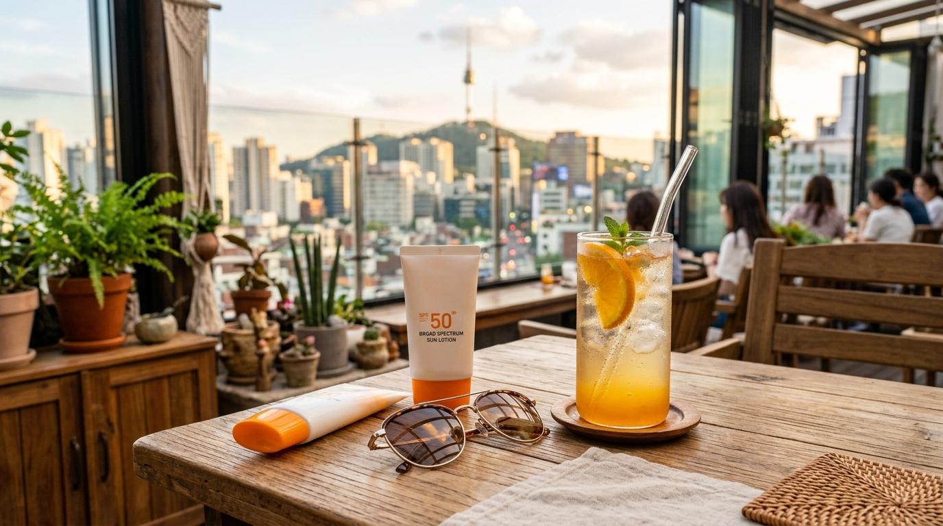 bright vibrant photorealistic scene of sunscreen tube, sunglasses, and iced drink on a sunny Seoul cafe table, soft bokeh city background, no visible labels, no