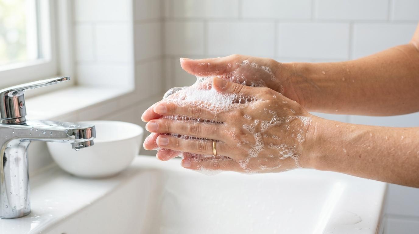 bright vibrant photorealistic close-up of clear gel cleanser foam on hands beside a sink with white tiles and soft sunlight, no visible labels, no Korean text