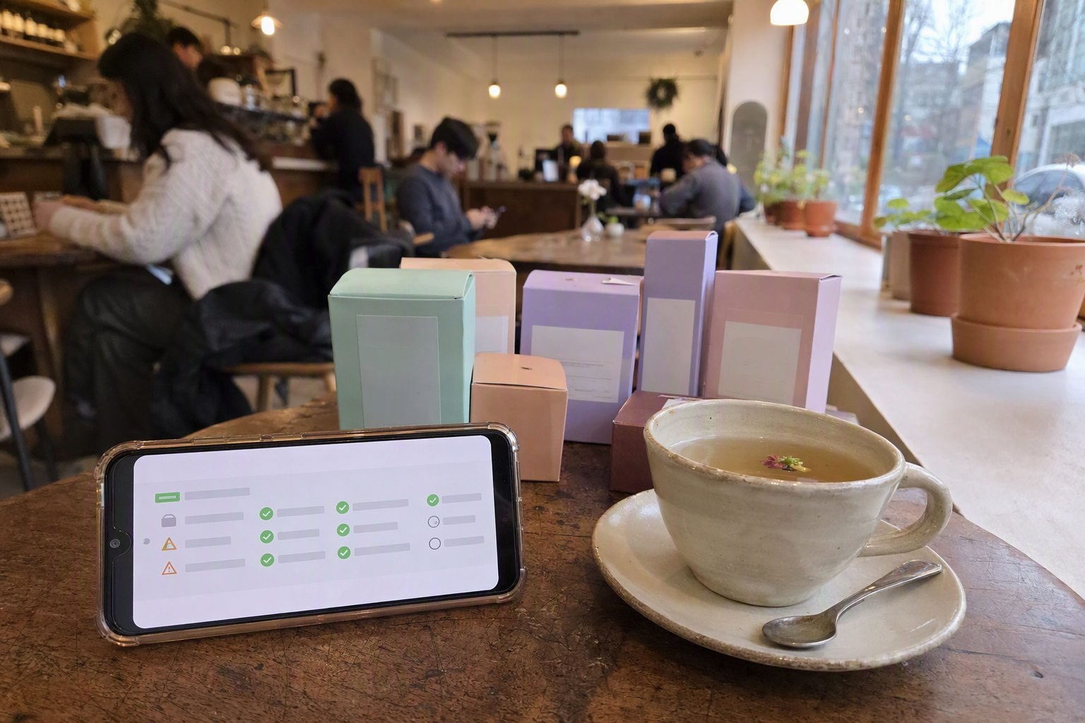 bright vibrant photorealistic skincare ingredient checklist on a phone beside pastel product boxes and a cup of tea, cozy cafe table, no readable labels, no Kor