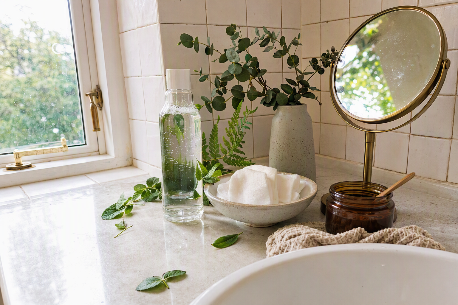bright vibrant photorealistic bathroom counter with cotton pads, watery toner bottle, small mirror, and fresh green leaves, soft daylight, no visible labels, no
