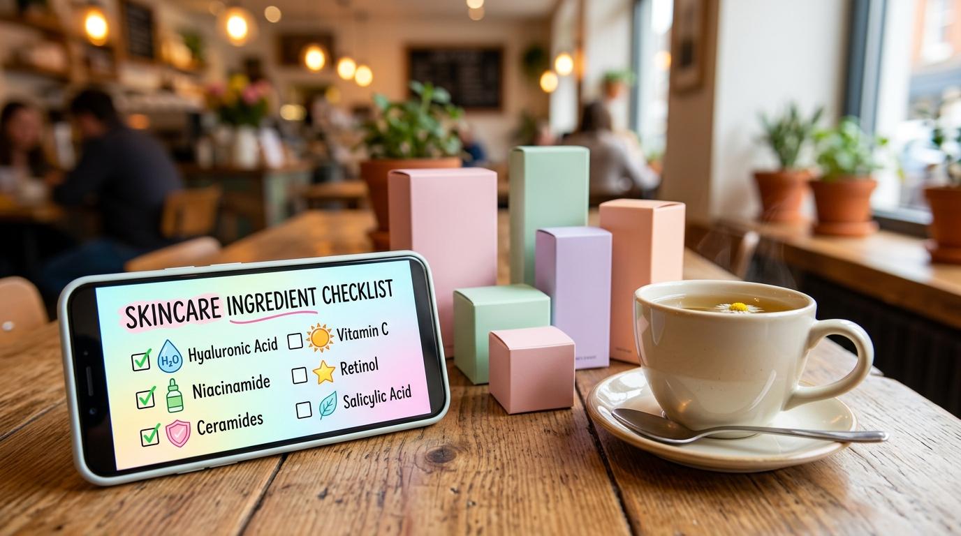 bright vibrant photorealistic skincare ingredient checklist on a phone beside pastel product boxes and a cup of tea, cozy cafe table, no readable labels, no Kor