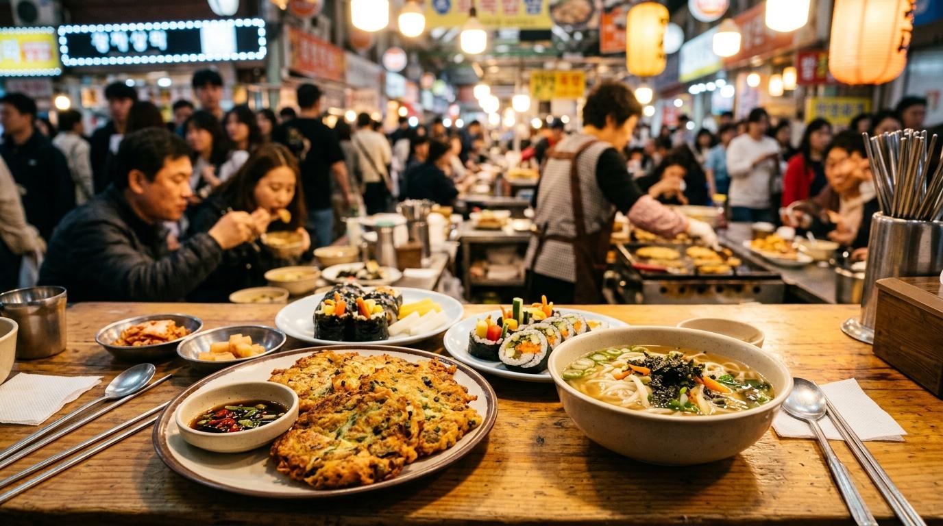 Bright vibrant photorealistic Seoul food market table with crispy mung bean pancakes, small rice rolls, noodle bowls, warm lights, busy atmosphere, no visible K