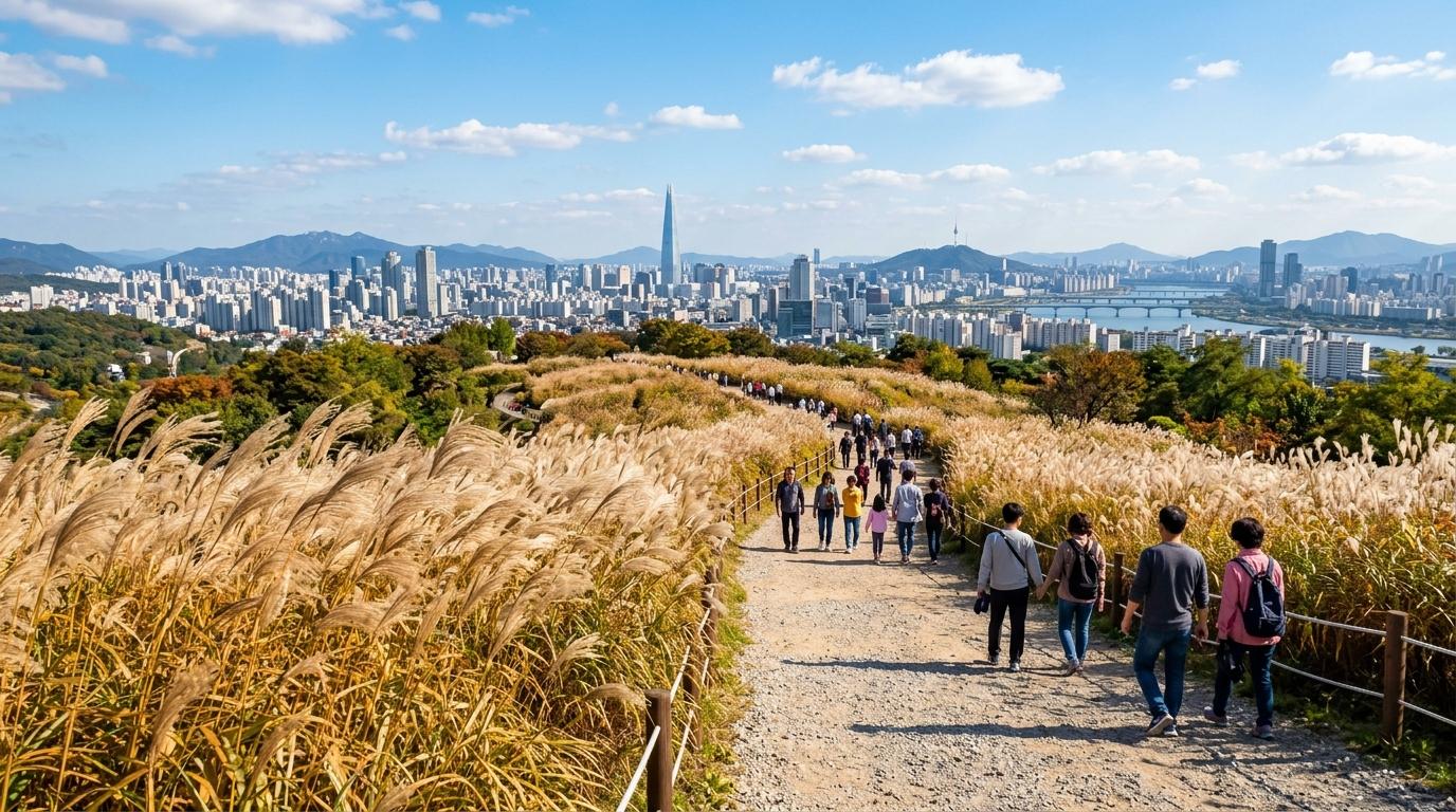 Bright vibrant photorealistic Haneul Park in Seoul with tall grasses, wide walking paths, blue sky, city skyline in the distance, no visible Korean text