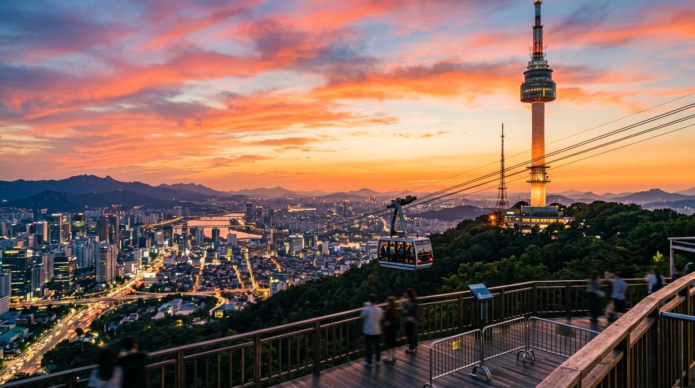 Bright vibrant photorealistic sunset view from Namsan with N Seoul Tower, glowing city skyline, cable car, soft orange sky, no visible Korean text