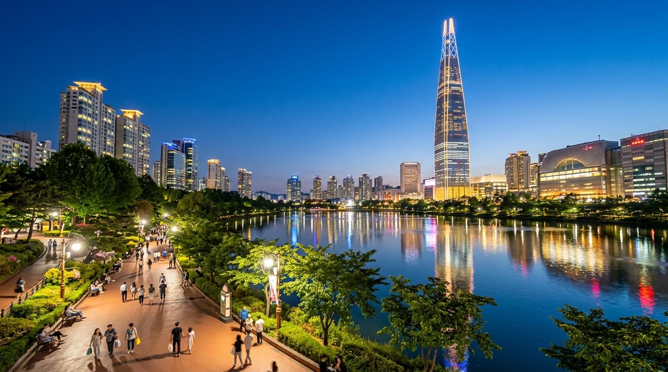 Bright vibrant photorealistic evening view of Lotte World Tower beside Seokchon Lake with reflections, city lights, pedestrians, clear sky, no visible Korean te