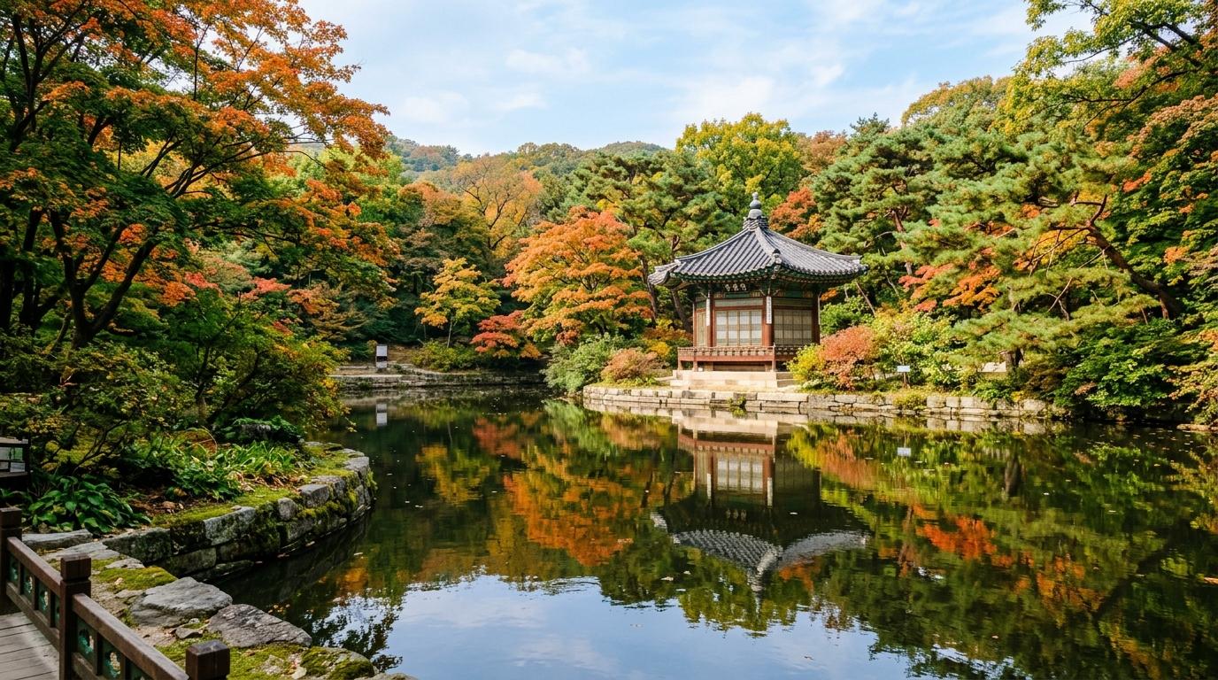 Bright vibrant photorealistic Changdeokgung Secret Garden pond with traditional pavilion, lush trees, soft daylight, calm reflections, no visible Korean text