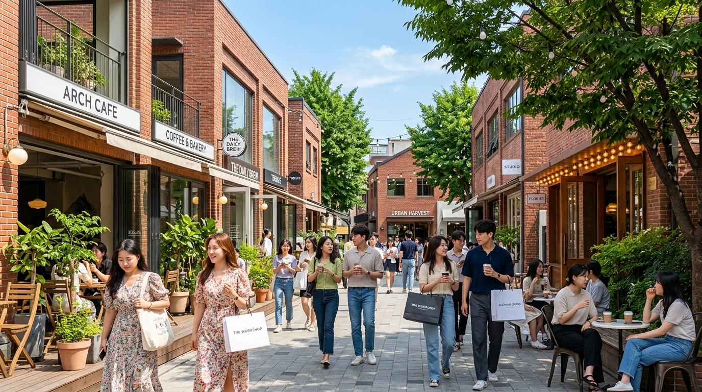 Bright vibrant photorealistic Seongsu cafe street with renovated brick buildings, stylish storefronts, young shoppers, trees, clean sunny atmosphere, no visible