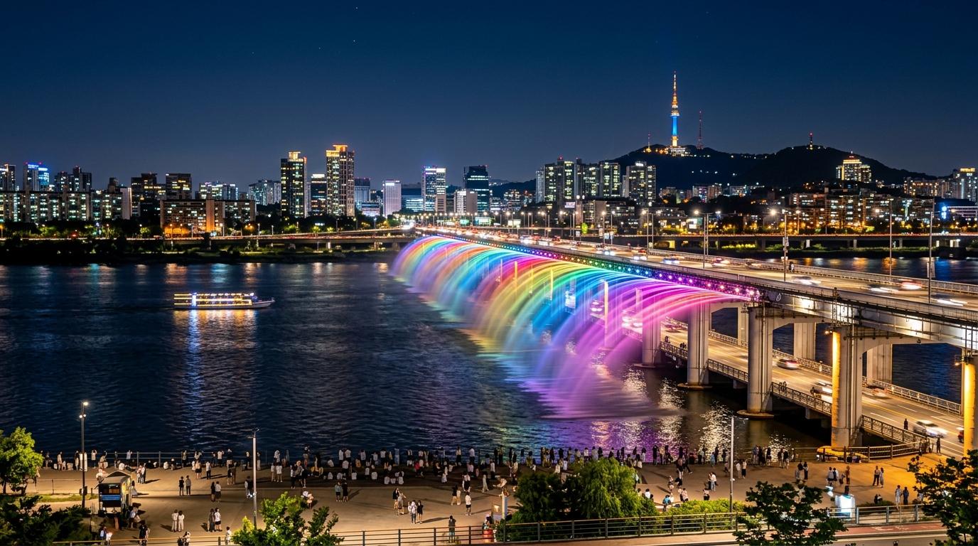 Bright vibrant photorealistic night view of Banpo Bridge rainbow fountain over the Han River with colorful water arcs, skyline reflections, summer atmosphere, n