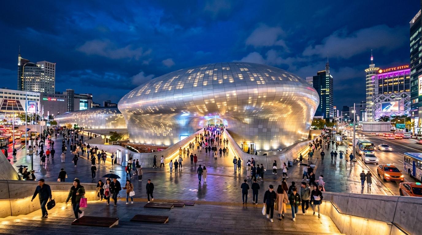 Bright vibrant photorealistic night view of Dongdaemun Design Plaza with futuristic silver curves, city lights, pedestrians, dramatic blue sky, no visible Korea