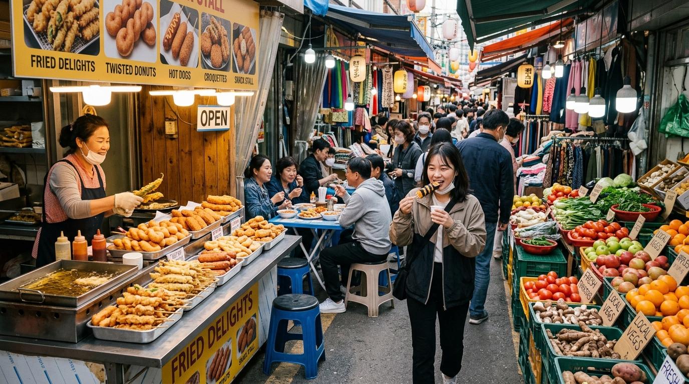 Bright vibrant photorealistic Mangwon-style market food scene with fried snacks, fresh produce, casual diners, colorful stalls, no visible Korean text