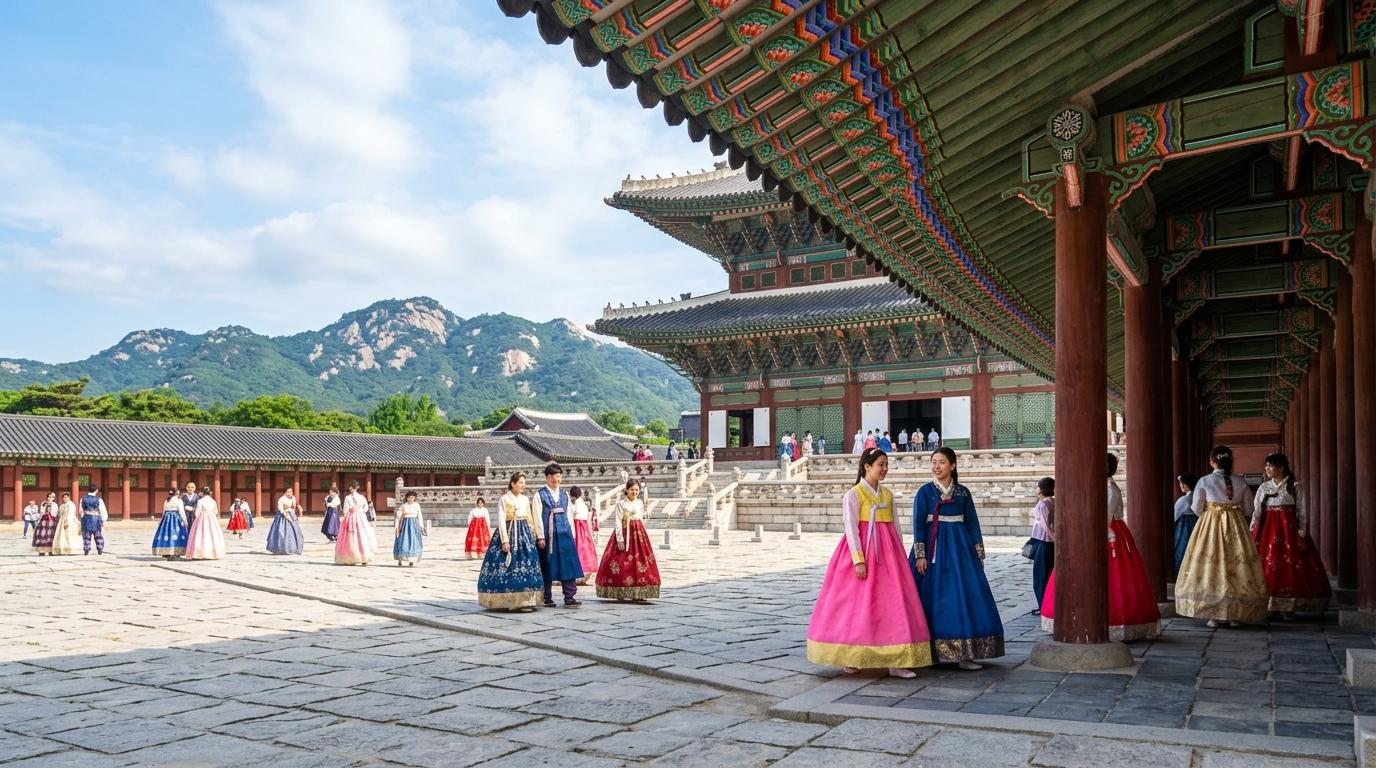 Bright vibrant photorealistic morning scene at Gyeongbokgung Palace with colorful wooden eaves, stone courtyard, distant mountains, visitors in elegant hanbok,