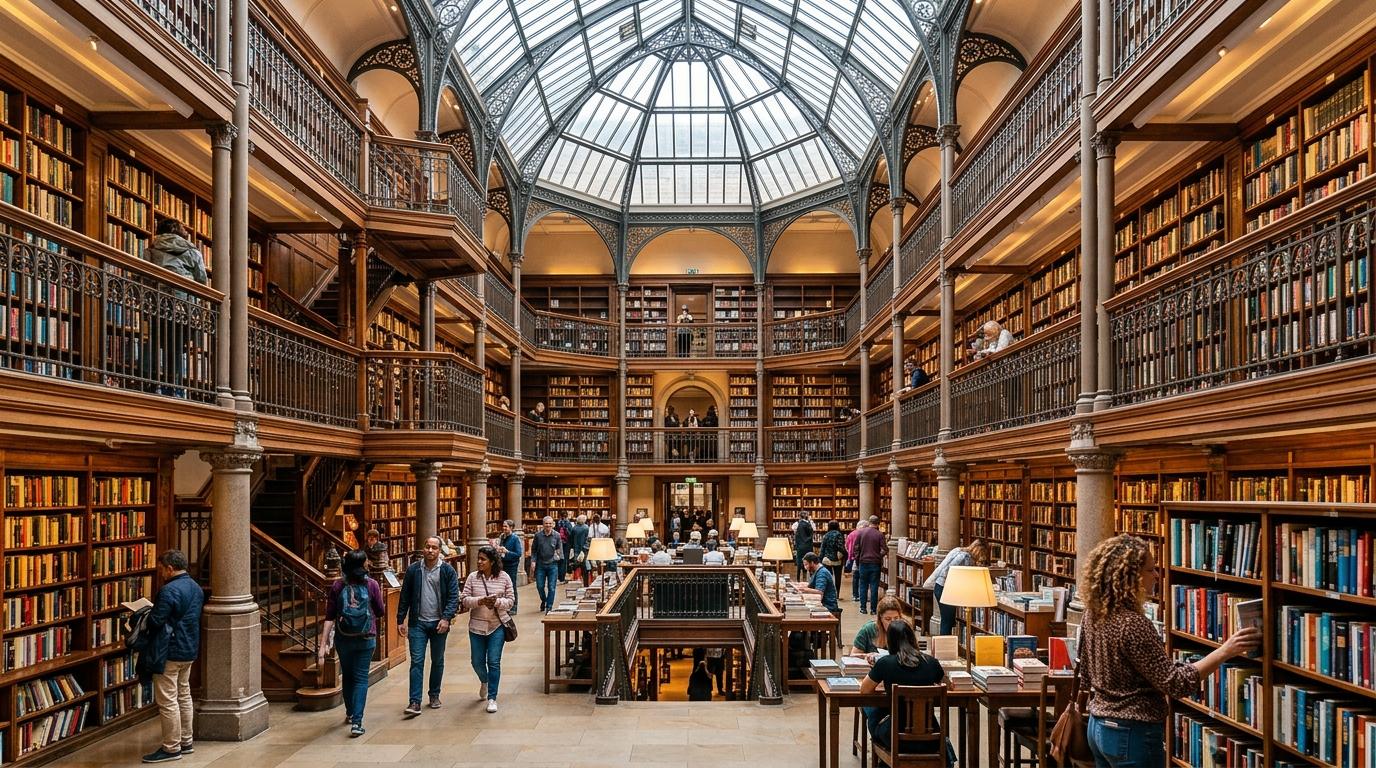 Bright vibrant photorealistic grand indoor library with towering bookshelves, warm lighting, open atrium, visitors browsing, no visible text, no Korean text