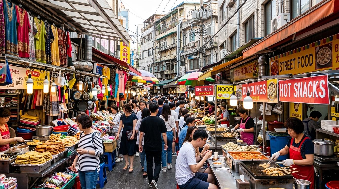 Bright vibrant photorealistic Seoul street market in daytime with colorful goods, food stalls, shoppers, urban buildings, no visible Korean text