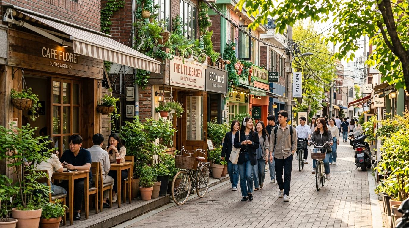 Bright vibrant photorealistic Yeonnam neighborhood street with small cafes, leafy walkway, stylish pedestrians, bicycles, warm daylight, no visible Korean text