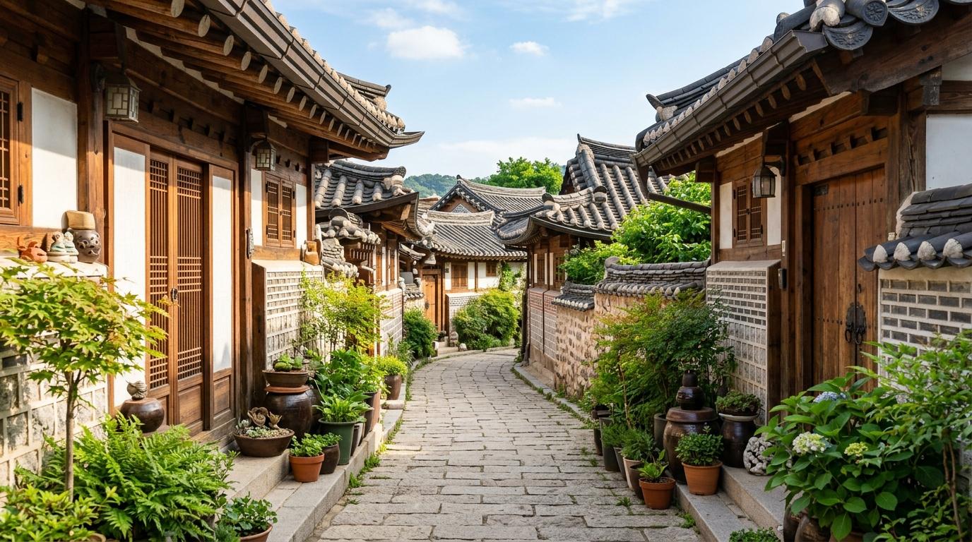 Bright vibrant photorealistic quiet hanok alley in Bukchon with tiled rooftops, soft sunlight, potted plants, respectful distance from homes, no visible Korean