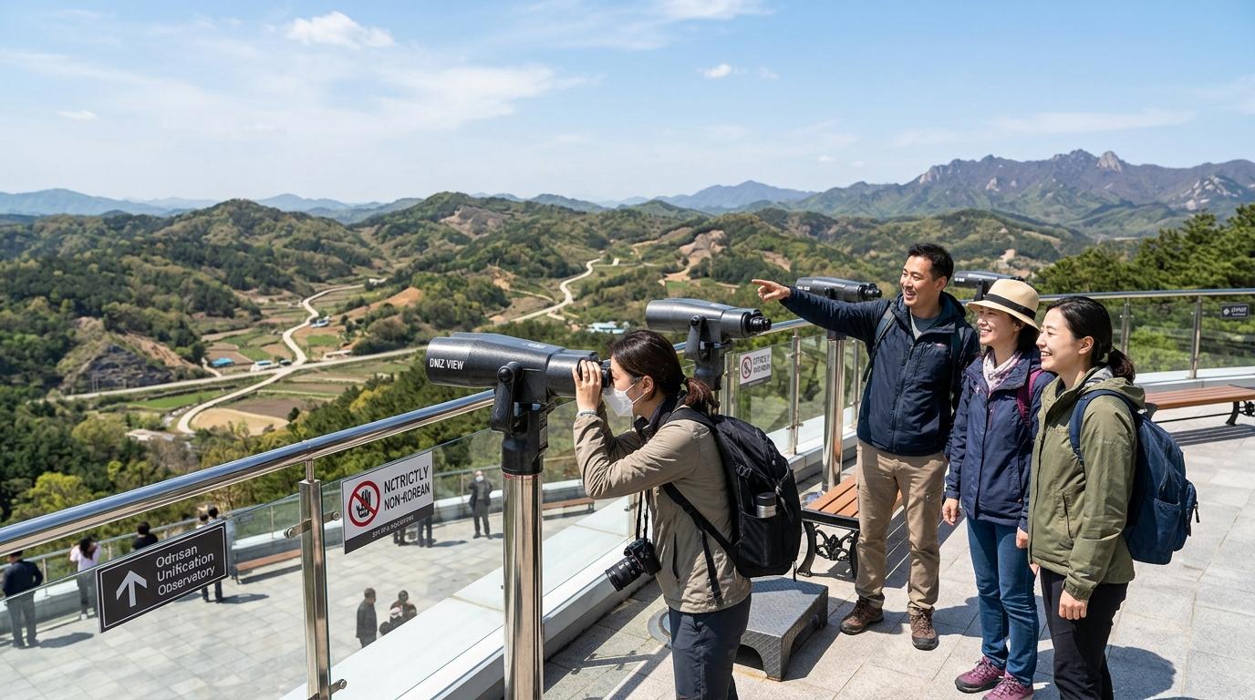 Bright vibrant photorealistic peaceful DMZ observatory scene with binoculars, distant hills, clear sky, travelers in small group, no visible Korean text