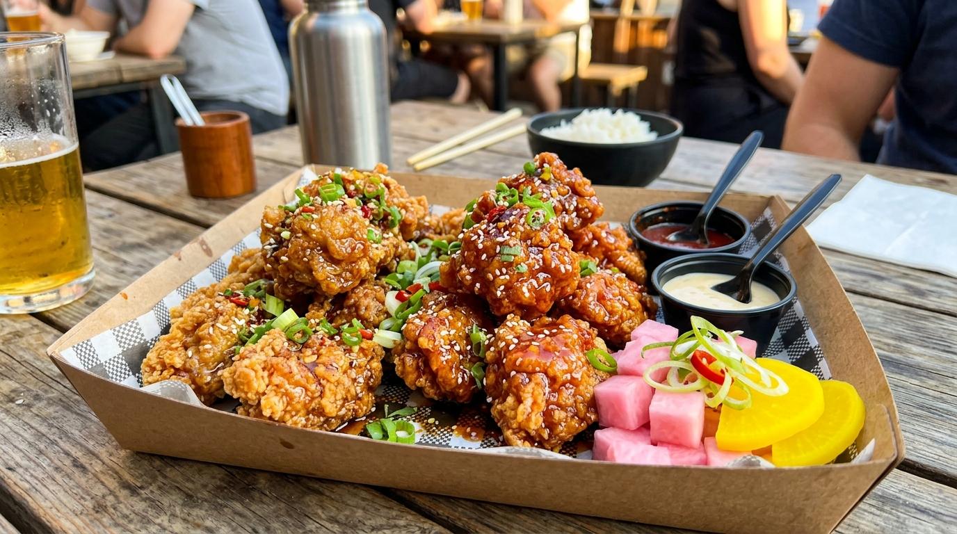 Bright vibrant photorealistic close-up of boneless Korean fried chicken with glossy sauces, crisp texture, pickled vegetables, and dipping cups on a casual take