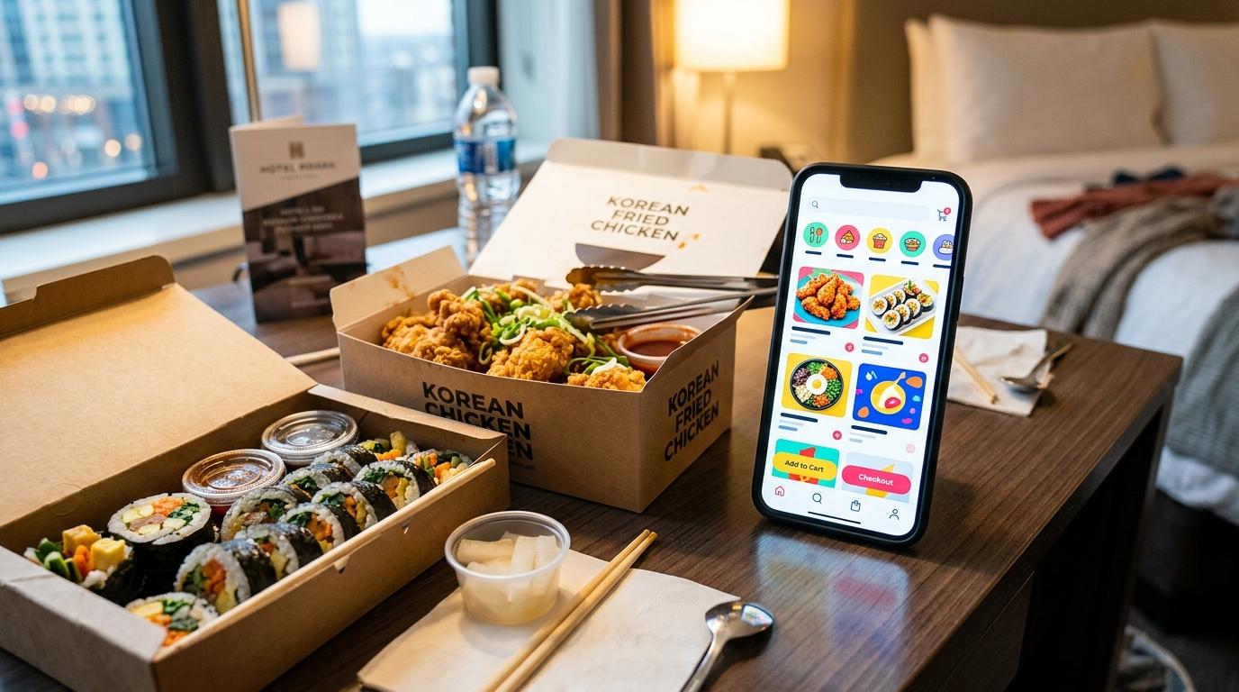 Bright vibrant photorealistic image of a smartphone showing a food delivery app interface without readable text, next to Korean fried chicken and kimbap takeout