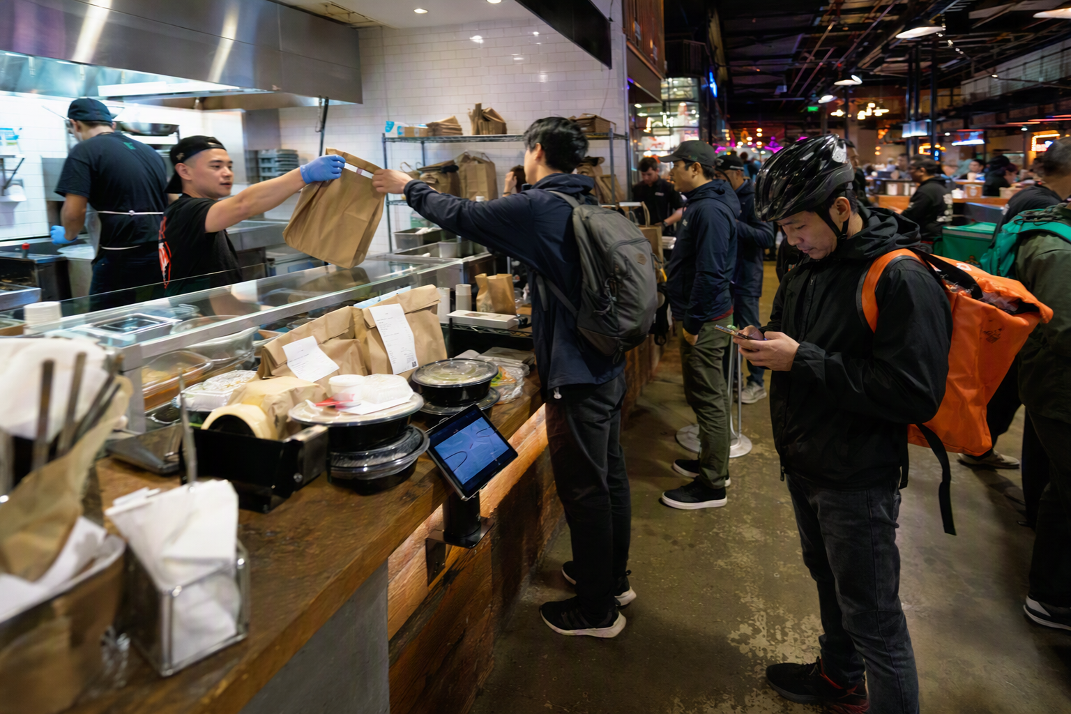 Bright vibrant photorealistic scene of a modern food hall pickup counter with delivery bags, couriers, and colorful takeout orders, no readable signs or text