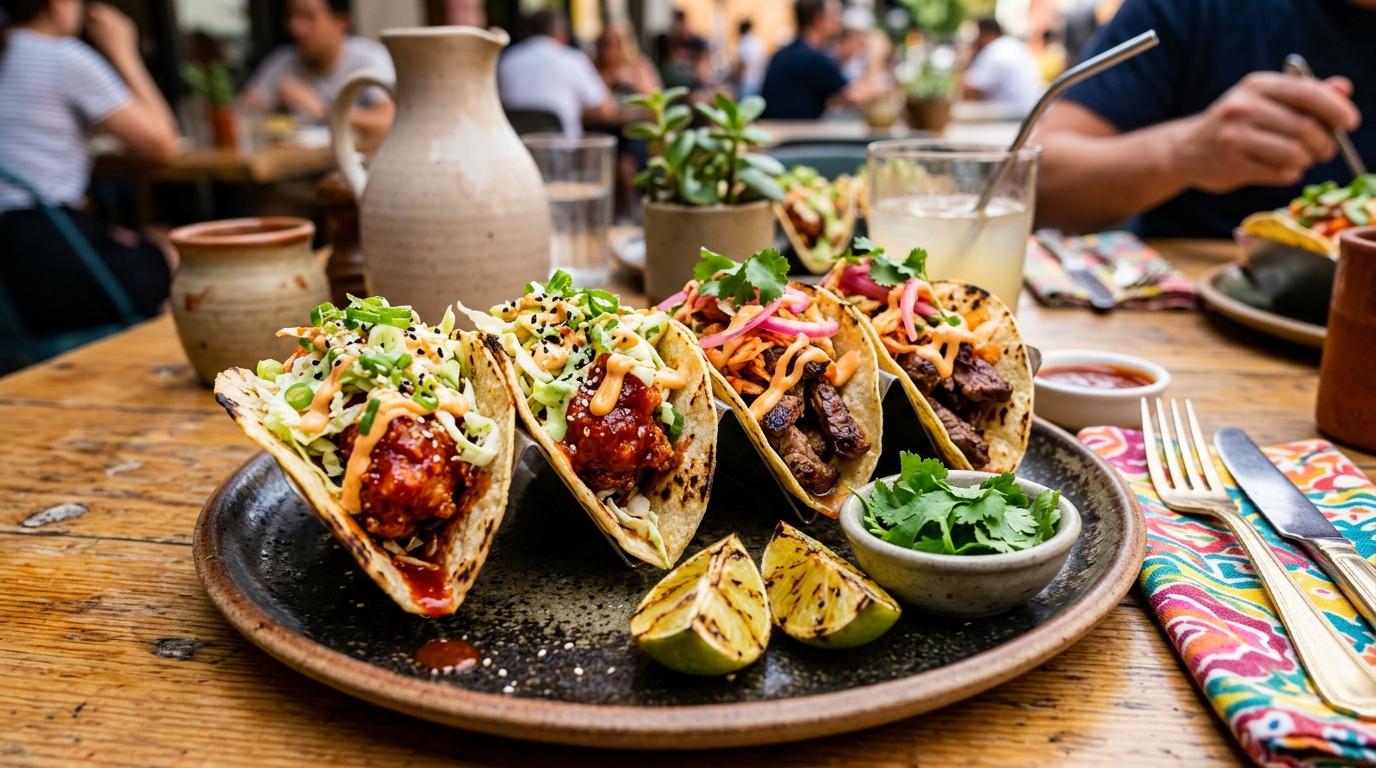 Bright vibrant photorealistic close-up of Korean fusion tacos with fried chicken, bulgogi beef, slaw, colorful sauces, lime wedges, and a lively casual table se