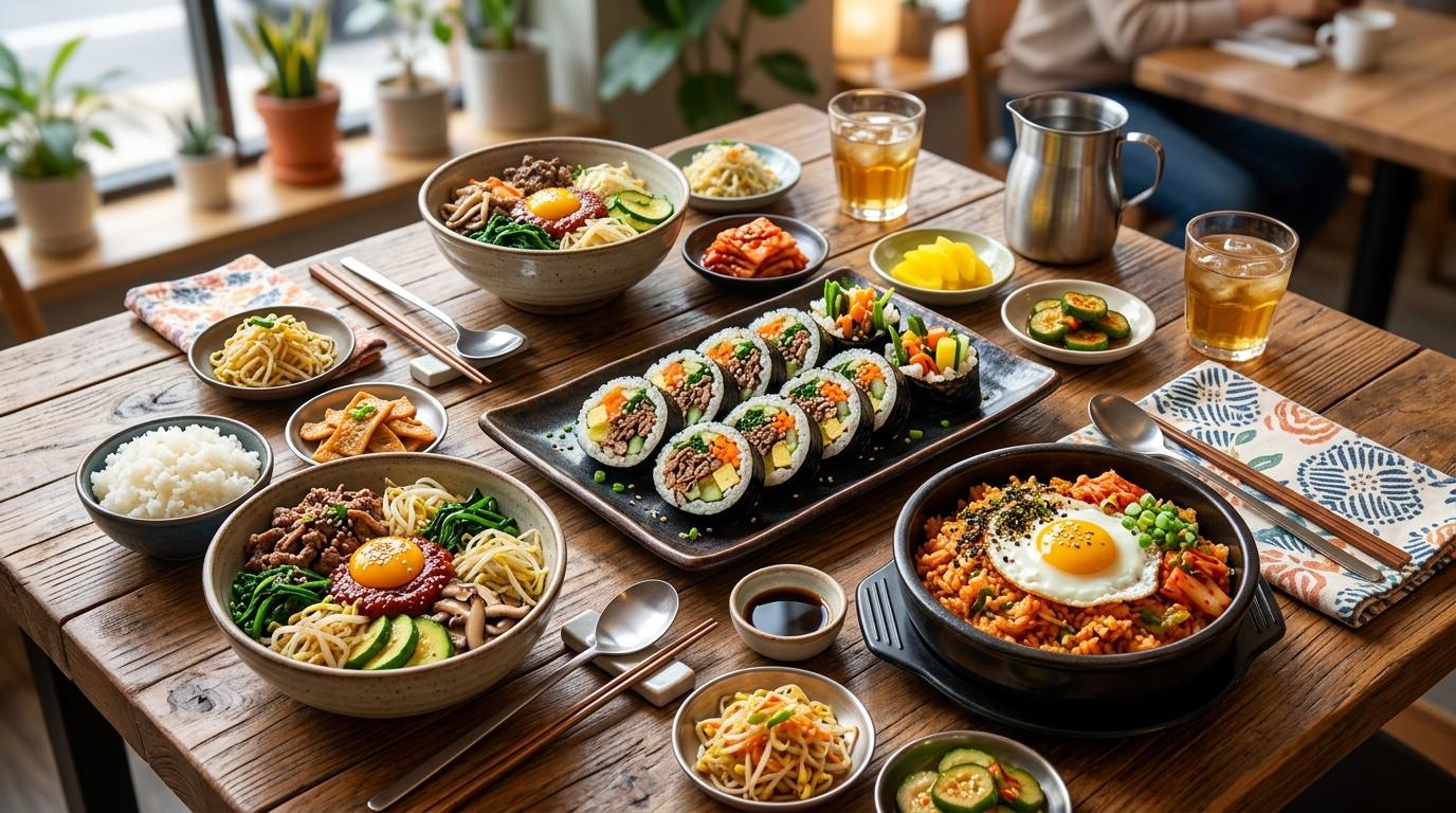 Bright vibrant photorealistic spread of bulgogi kimbap rolls, kimchi fried rice, rice bowls, and small side dishes on a modern casual table, no visible text