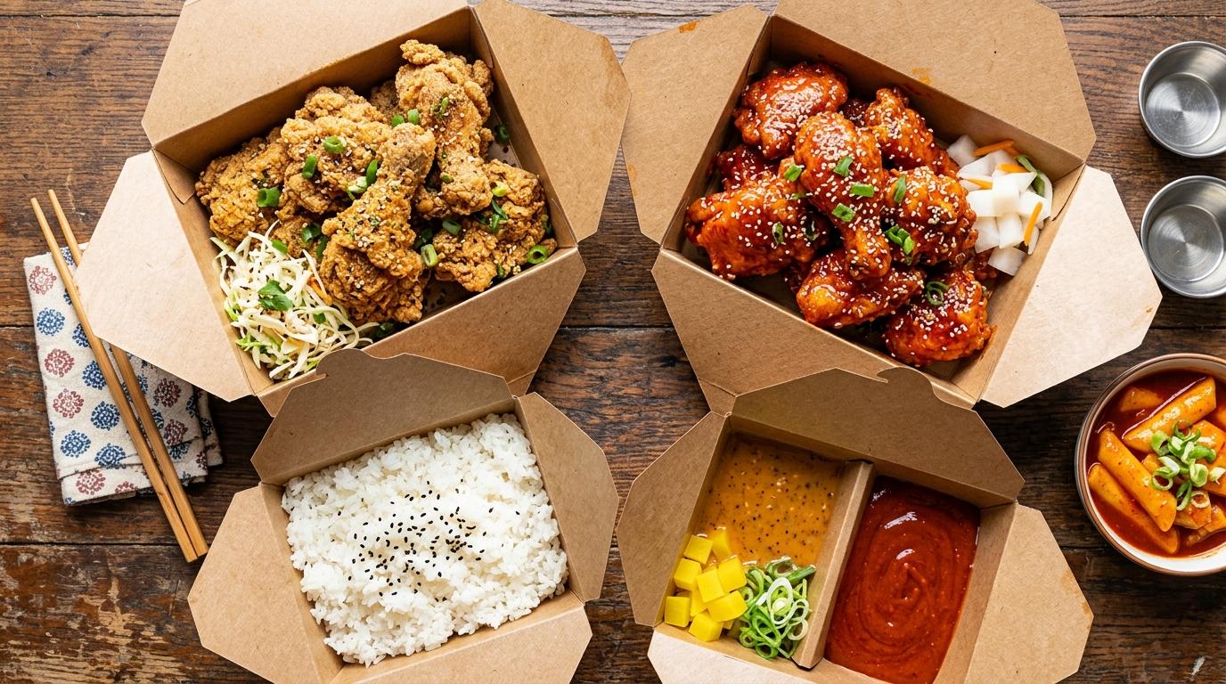Bright vibrant photorealistic overhead shot of Korean fried chicken, sweet spicy glazed chicken, rice, and dipping sauces in open takeout boxes, crisp details,