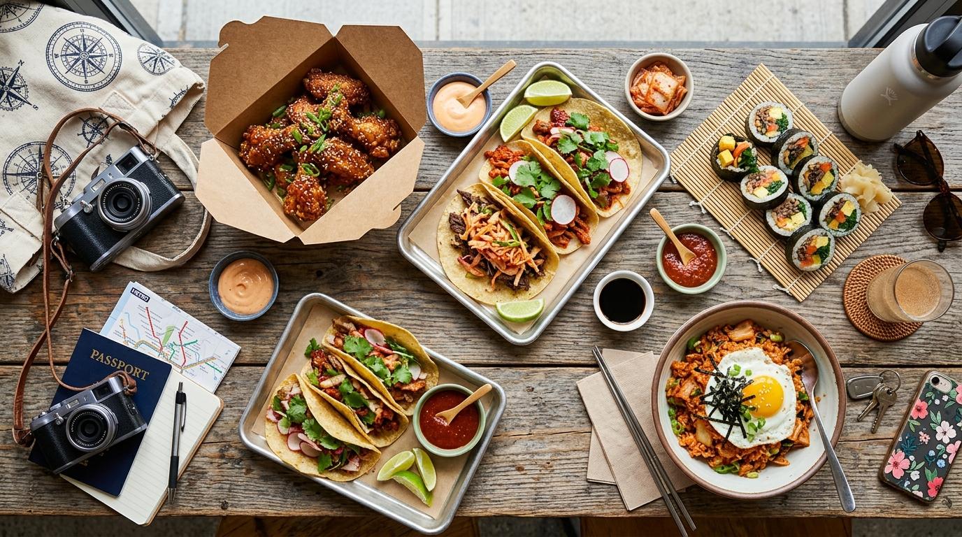 Bright vibrant photorealistic flat lay of Korean American fusion takeout with fried chicken, tacos, kimbap, kimchi fried rice, sauces, and city travel items on