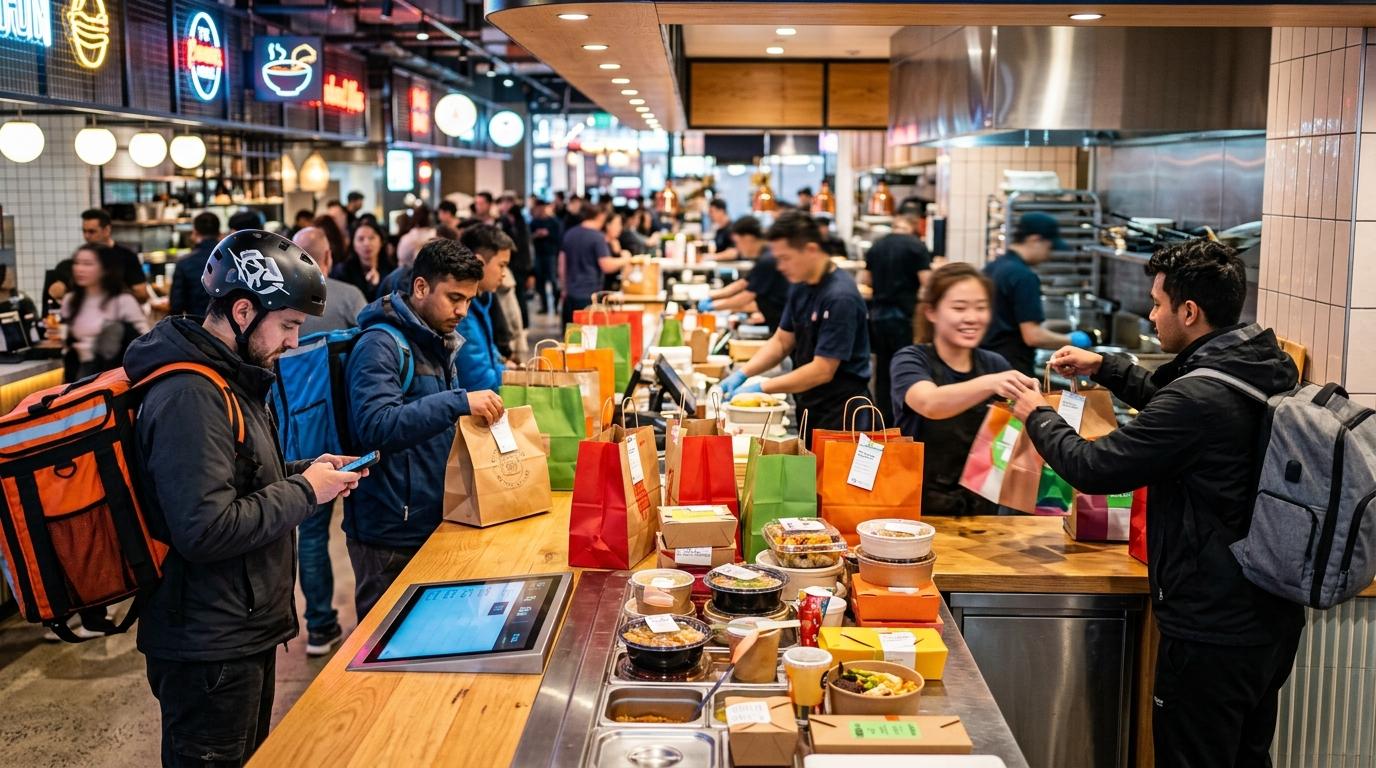 Bright vibrant photorealistic scene of a modern food hall pickup counter with delivery bags, couriers, and colorful takeout orders, no readable signs or text