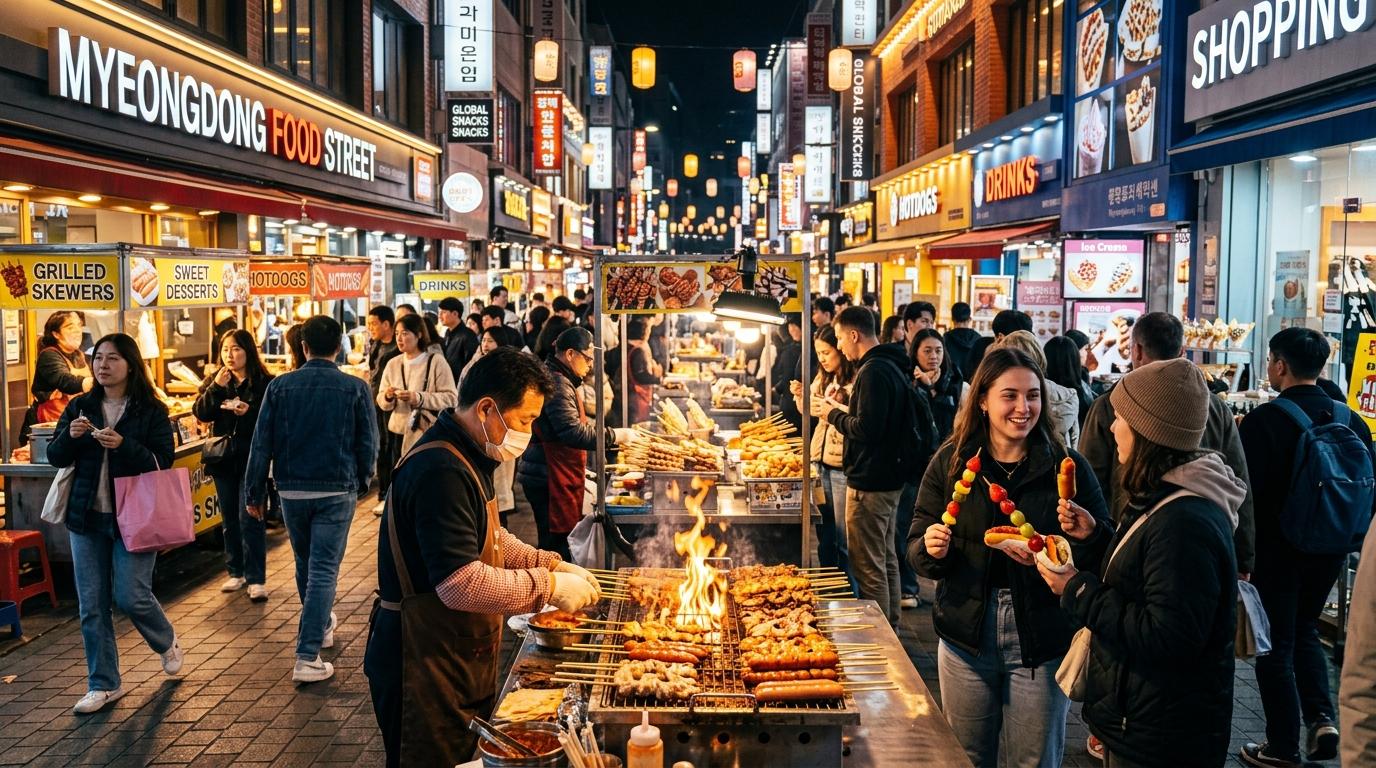Escena nocturna de comida callejera en Myeongdong, luminosa y vibrante, con brochetas, postres, puestos brillantes, viajeros internacionales y una animada calle comercial, sin texto en coreano