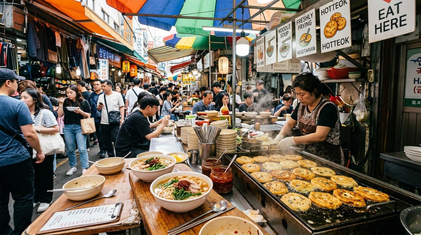Callejón de comida del Mercado de Namdaemun, luminoso y vibrante, de estilo fotorrealista, con cuencos de fideos, hotteok de verduras friéndose, multitud a la hora del almuerzo, toldo colorido del mercado, sin texto en coreano