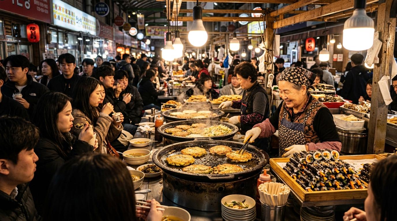 Puesto de comida del Mercado de Gwangjang, luminoso y vibrante, fotorealista, con tortitas de judía mungo chisporroteando en planchas grandes, pequeños rollitos de gimbap, gente animada, iluminación cálida de mercado