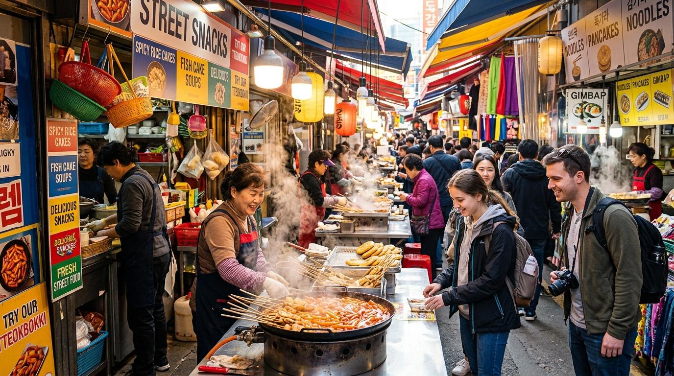Mercado tradicional de Seúl, luminoso, vibrante y fotorrealista, lleno de puestos de comida callejera, vapor saliendo de las sartenes, viajeros mirando snacks, toldos de colores, ambiente cálido