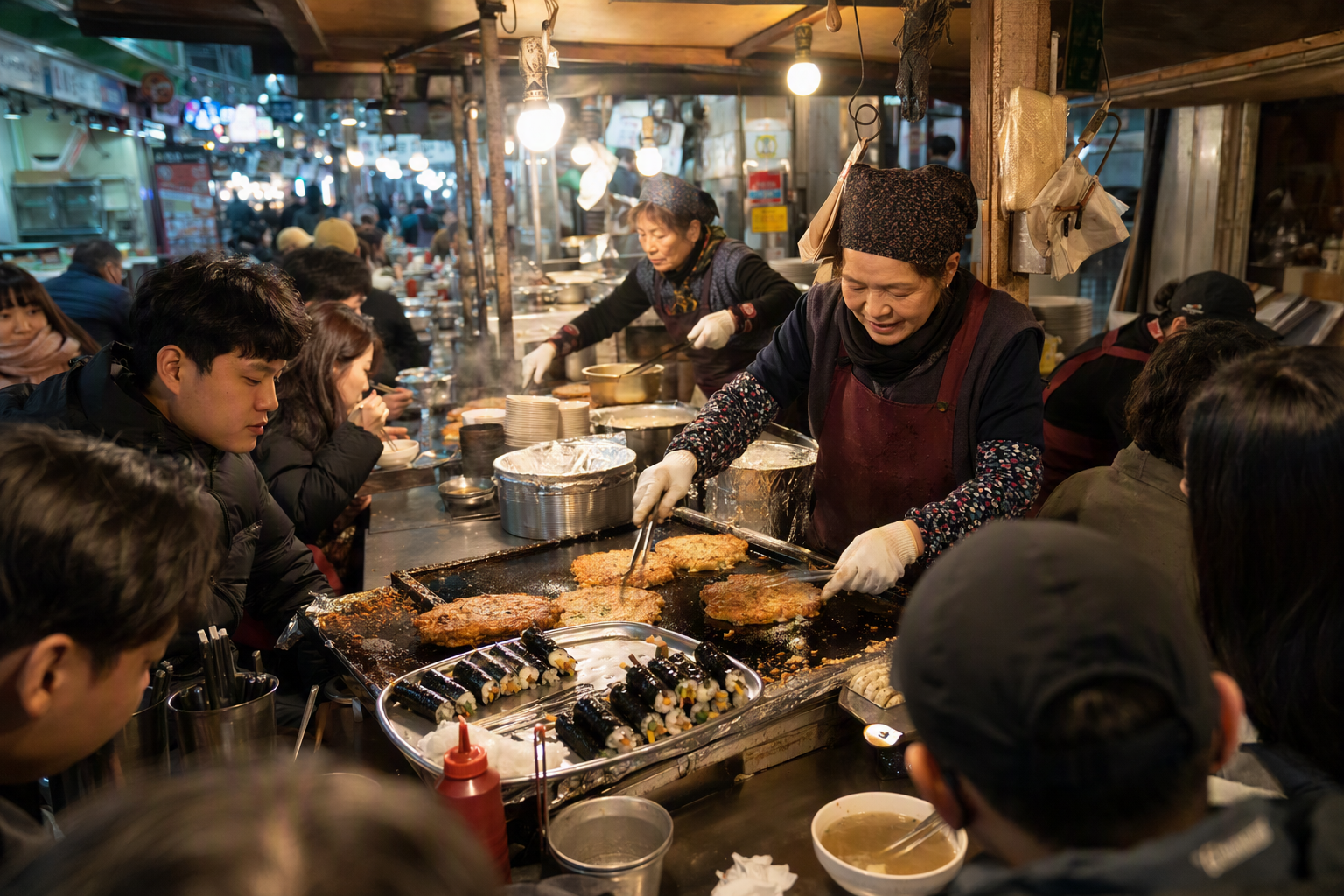 明亮鮮豔、寫實風格的廣藏市場美食攤位, 大鐵板上滋滋作響的綠豆煎餅, 小巧的飯捲, 熱鬧人潮, 溫暖的市場燈光