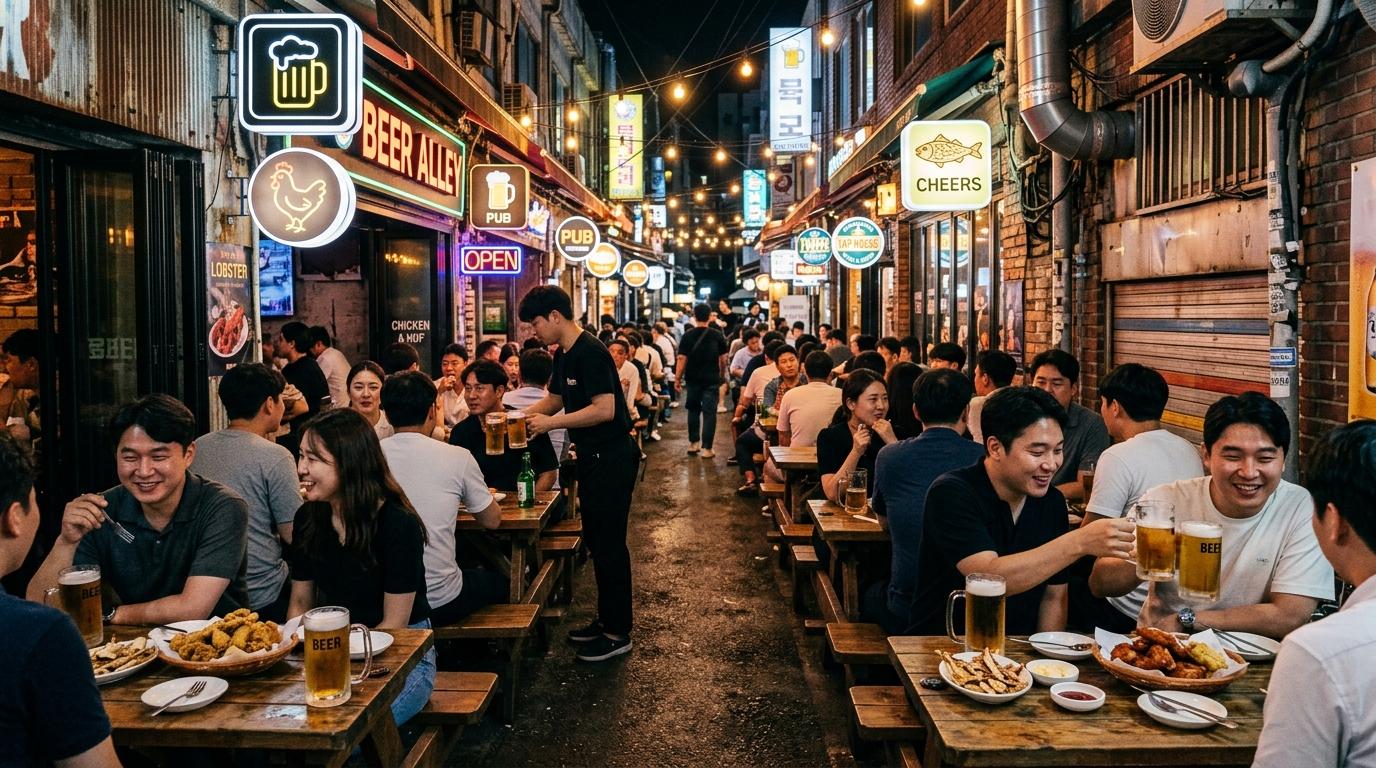 Callejón cervecero de Euljiro por la noche, fotorealista, luminoso y vibrante, con mesas al aire libre, jarras de cerveza de barril, pollo frito, snacks de abadejo seco y ambiente retro industrial