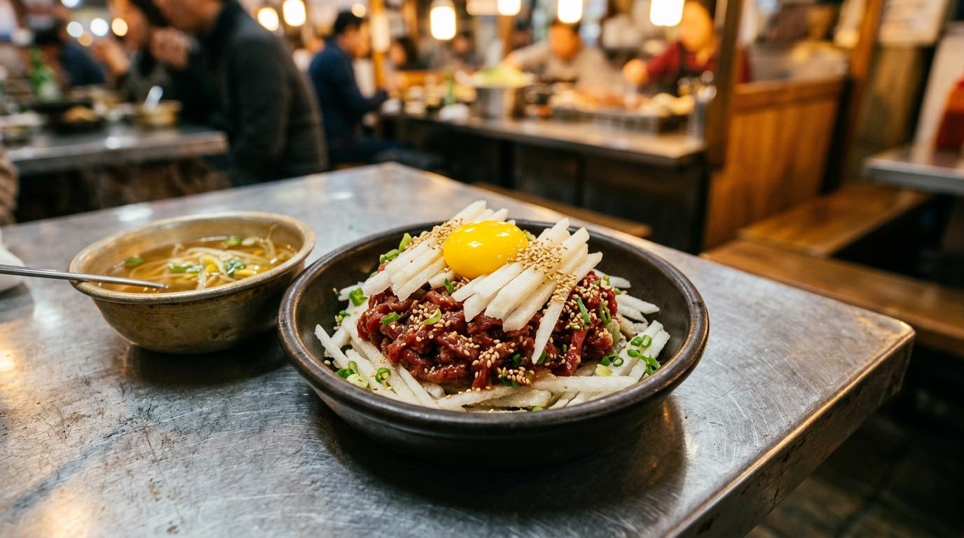 Primer plano fotorealista, luminoso y vibrante, de yukhoe coreano con pera, yema de huevo y semillas de sésamo, mesa de mercado de acero inoxidable, sopa de acompañamiento, iluminación cálida interior, sin texto en coreano