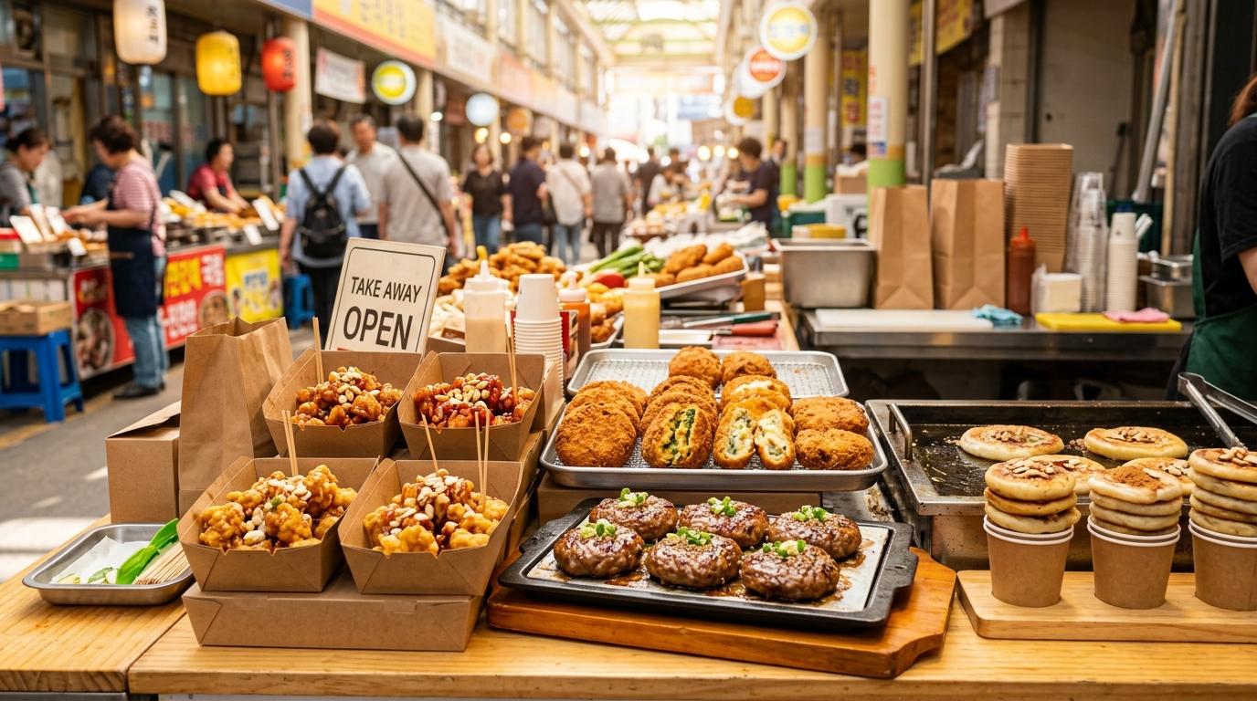Brillante y vibrante, foto realista de una selección de snacks del Mercado de Mangwon con bocados de pollo frito crujiente, croquetas, hotteok, hamburguesitas de tteokgalbi, cajas para llevar, mercado soleado