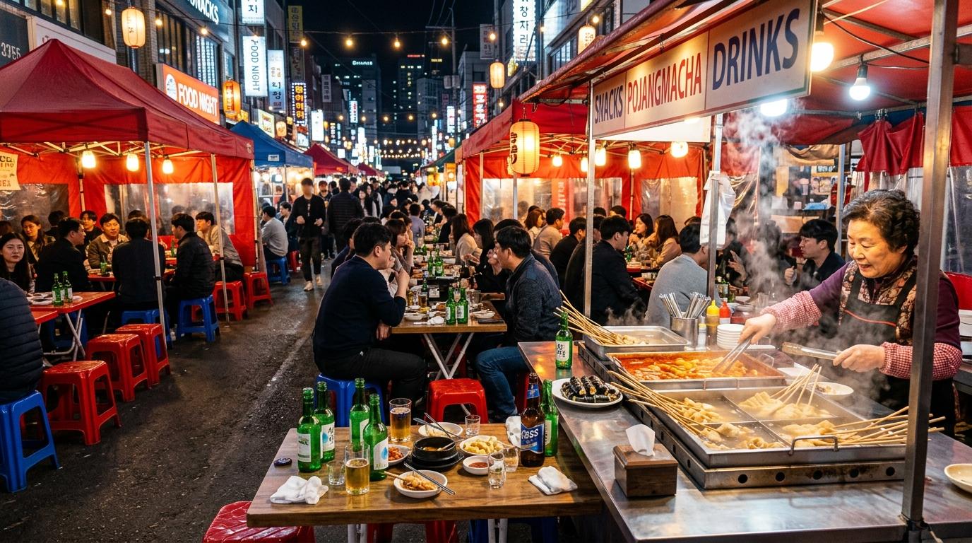 Calle de pojangmacha en Seúl por la noche, fotorealista, luminosa y vibrante, con puestos de comida en carpas rojas, mesas pequeñas, botellas de soju, odeng humeante, luces acogedoras, sin texto en coreano
