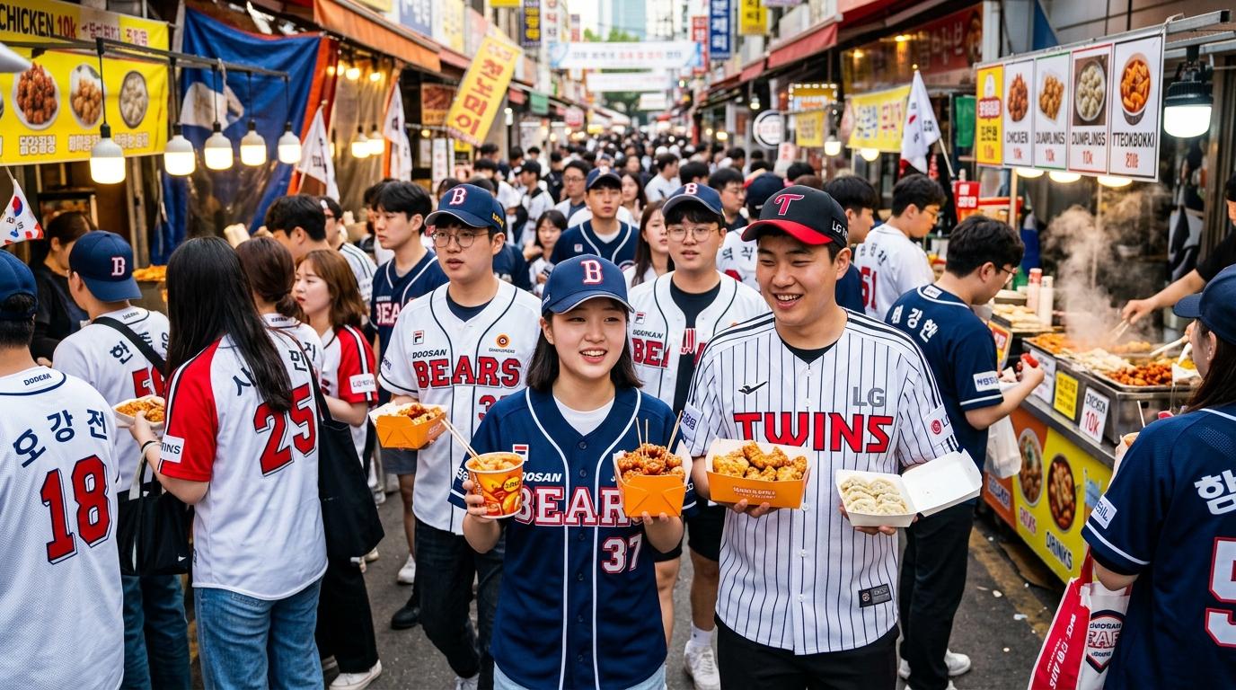 Brillante y vibrante, foto realista de una ruta de snacks en el mercado de Jamsil antes de un partido de béisbol con cajas de pollo crujiente, dumplings, vasitos de tteokbokki, aficionados con camisetas de colores