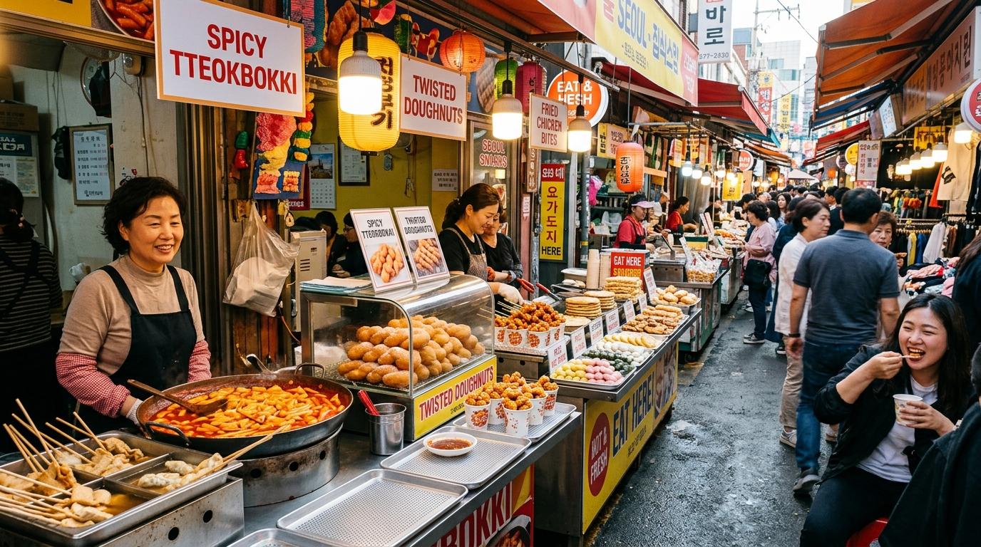 Brillante y vibrante, foto realista de un mercado tipo pasaje compacto en Seúl con tteokbokki, rosquillas retorcidas, bocados de pollo frito, pasteles de arroz, puestos locales ordenados, luz de tarde