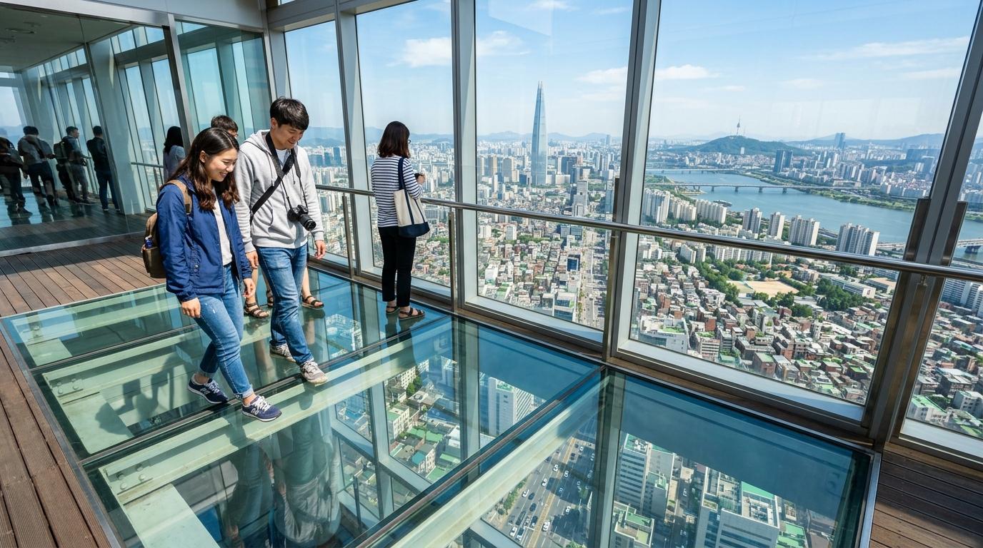 Pemandangan fotorealistik yang cerah dan berwarna dari observatorium berlantai kaca tinggi di atas Seoul, pengunjung mengenakan pakaian kasual untuk bepergian, cakrawala kota jauh di bawah, tanpa teks yang terlihat