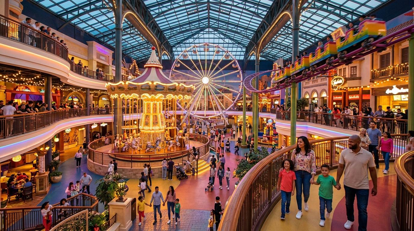 Pemandangan fotorealistis yang cerah dan hidup dari atrium taman hiburan indoor yang megah, dengan wahana warna-warni, lampu hangat, keluarga, dan beberapa tingkat, tanpa teks yang terlihat