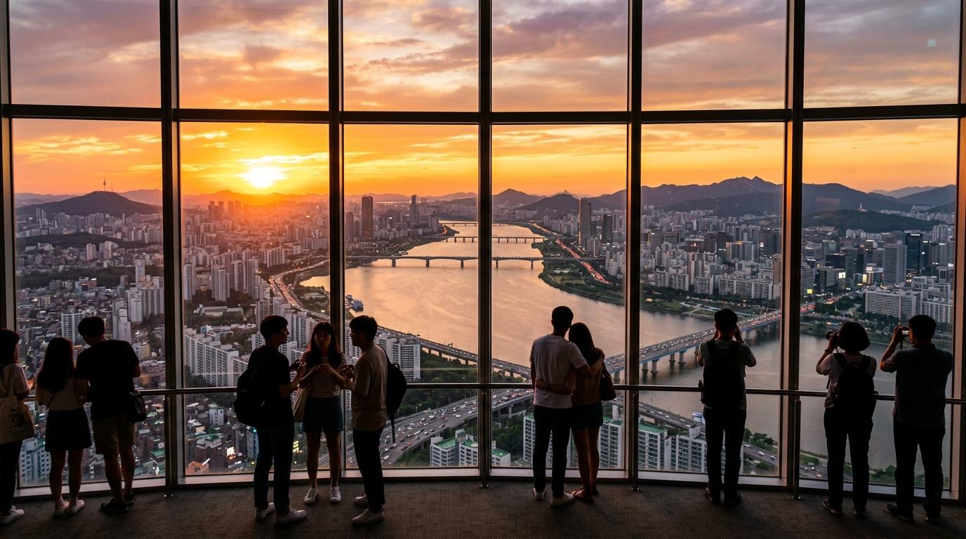 Pemandangan senja yang cerah dan hidup, fotorealistik, menghadap Seoul dari observatorium tinggi, Sungai Han di kejauhan, cahaya hangat keemasan, siluet para wisatawan di dekat hembusan angin