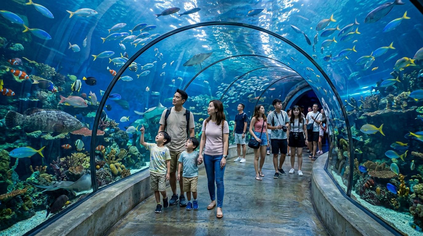 Terowongan akuarium fotorealistik yang cerah dan hidup dengan ikan berwarna-warni, pencahayaan biru lembut, keluarga dan pelancong berjalan pelan, tanpa teks yang terlihat