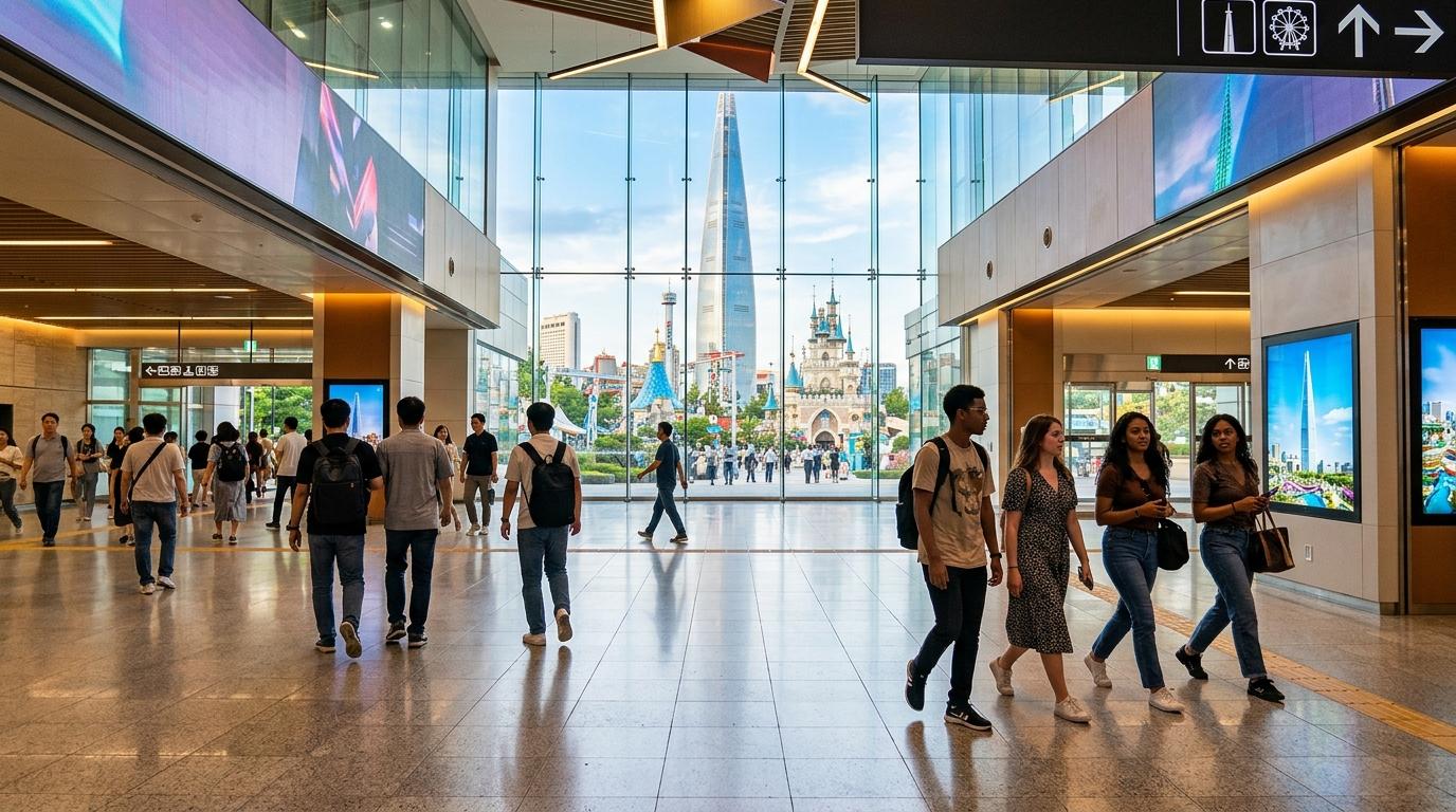 Adegan fotorealistik cerah dan hidup tentang para wisatawan berjalan melewati konkor subway Seoul yang bersih dan modern menuju kawasan taman hiburan dan distrik menara, tanpa papan tanda yang terbaca