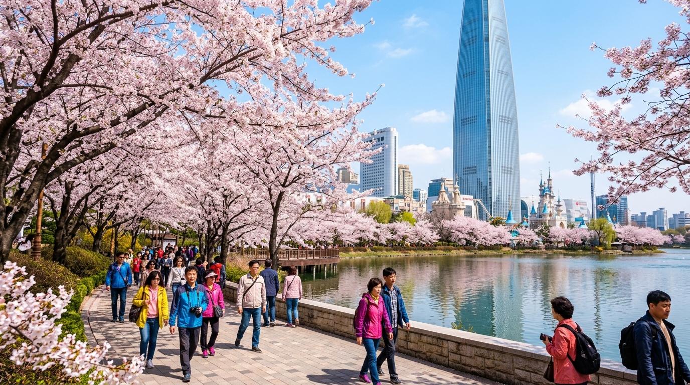 Jalan kaki fotorealistik yang cerah dan hidup mengelilingi Danau Seokchon dengan bunga sakura, Lotte World Tower menjulang di latar belakang, para pelancong berjalan santai di tepi air, tanpa teks yang terlihat