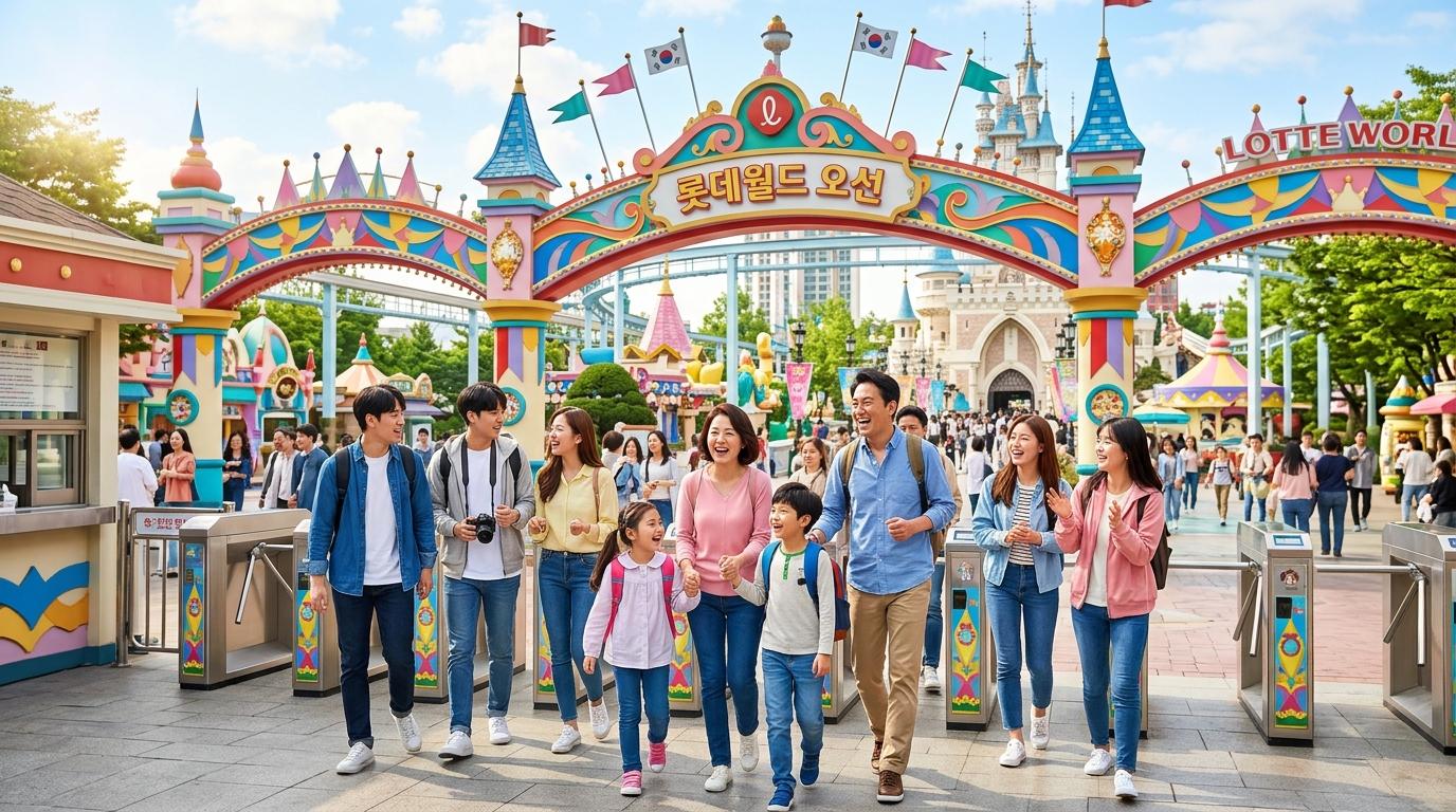 Foto realistis cerah dan hidup, keluarga serta teman-teman masuk gerbang taman hiburan berwarna-warni pada pagi hari dengan penuh semangat, suasana Seoul modern, tanpa teks yang terlihat