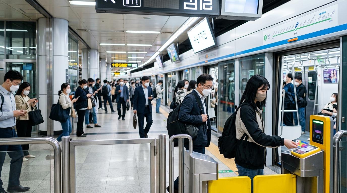 Bright vibrant photorealistic Seoul subway platform with clean modern trains, travelers using transit cards, bright lighting, no readable text