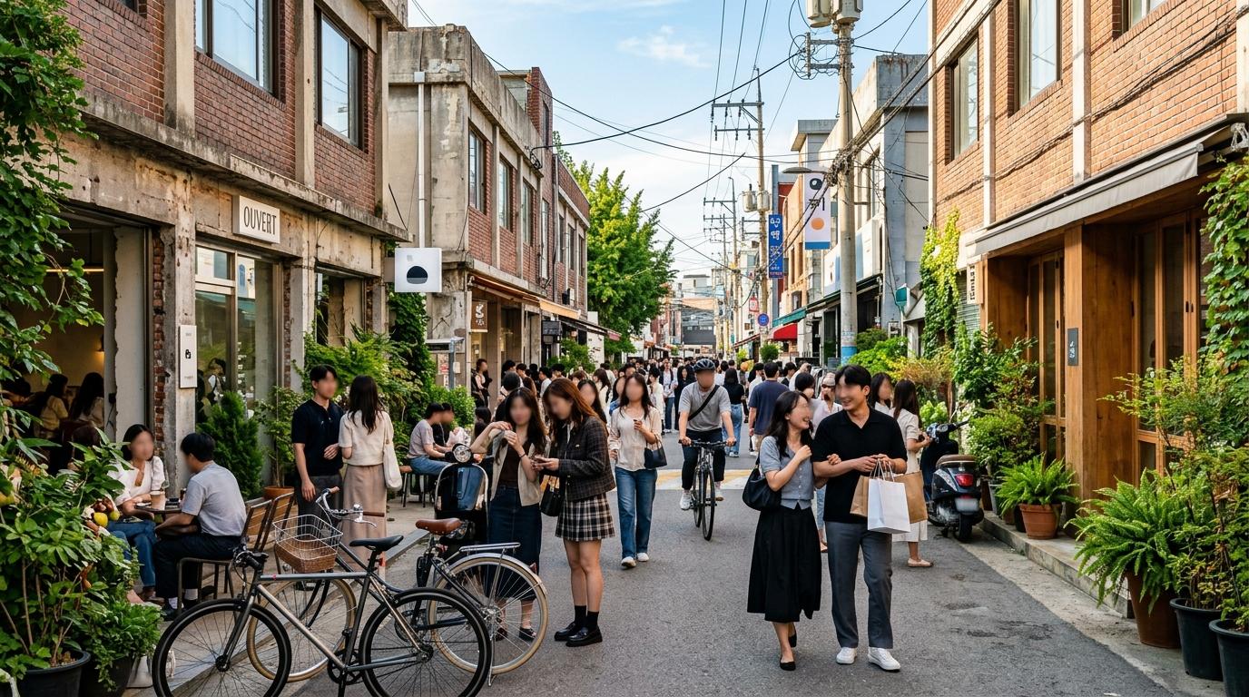 Bright vibrant photorealistic street in Seongsu with stylish warehouse cafés, fashionable shoppers, greenery, bicycles, afternoon sunlight, no readable text
