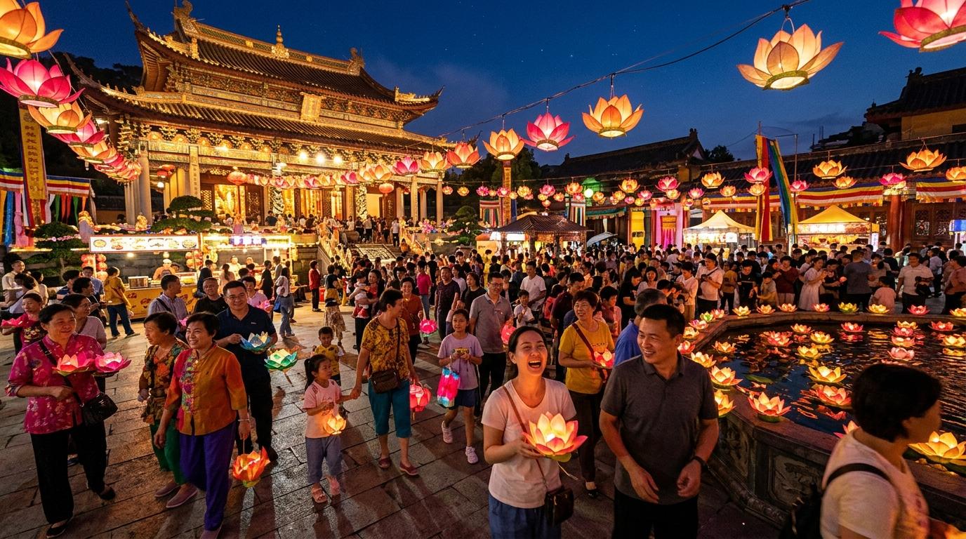 Bright vibrant photorealistic night festival scene with glowing lotus lanterns, temple courtyard, colorful lights, joyful crowd, no readable text